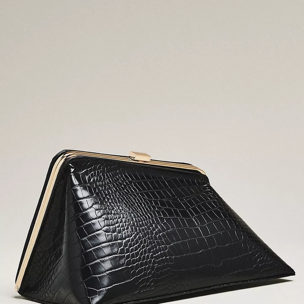 Anthropology Black Croc-Embossed Pyramid Clutch with Gold Trim